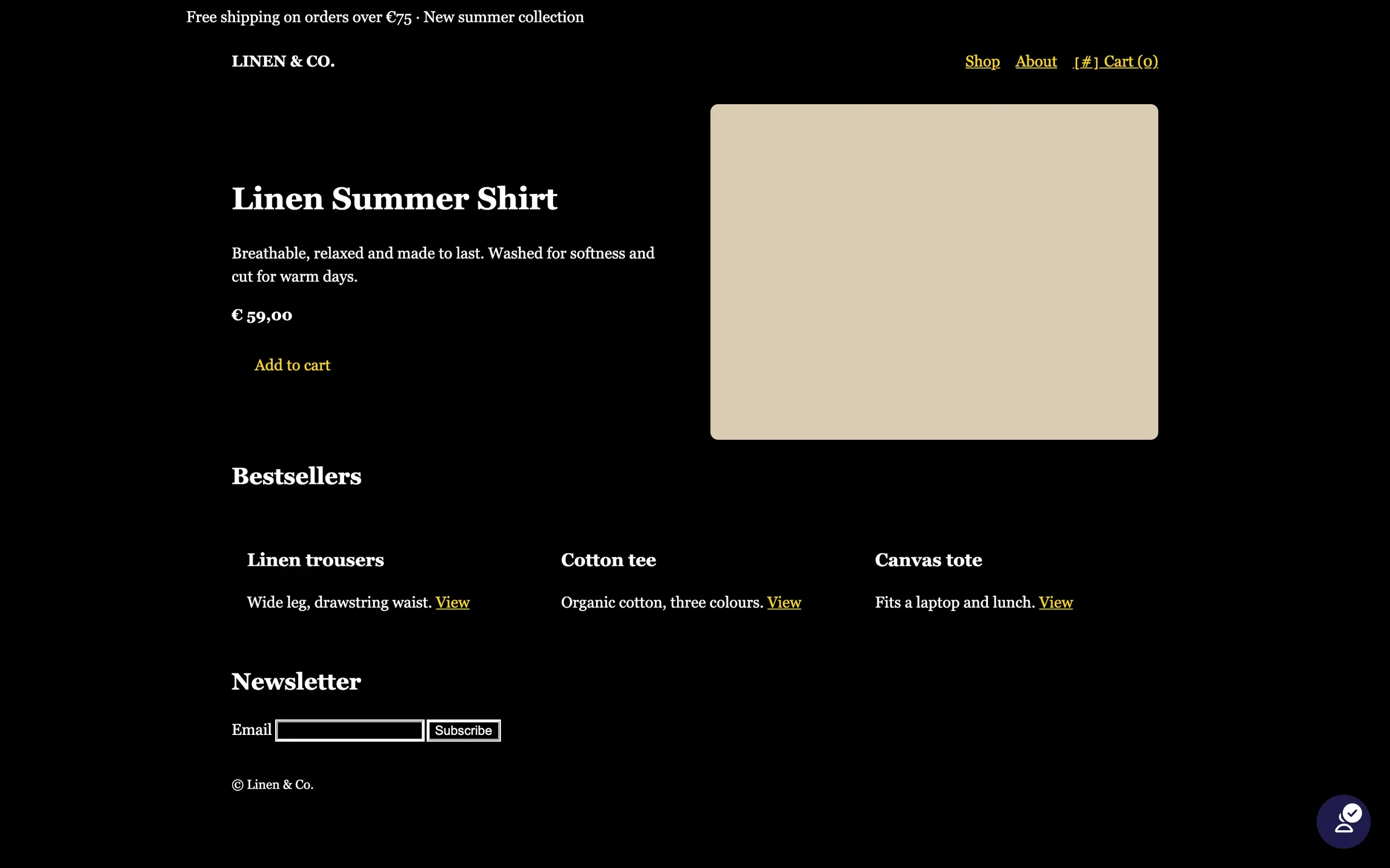 The same storefront with an AccessYes high-contrast mode applied, inverting the page to light text on dark.