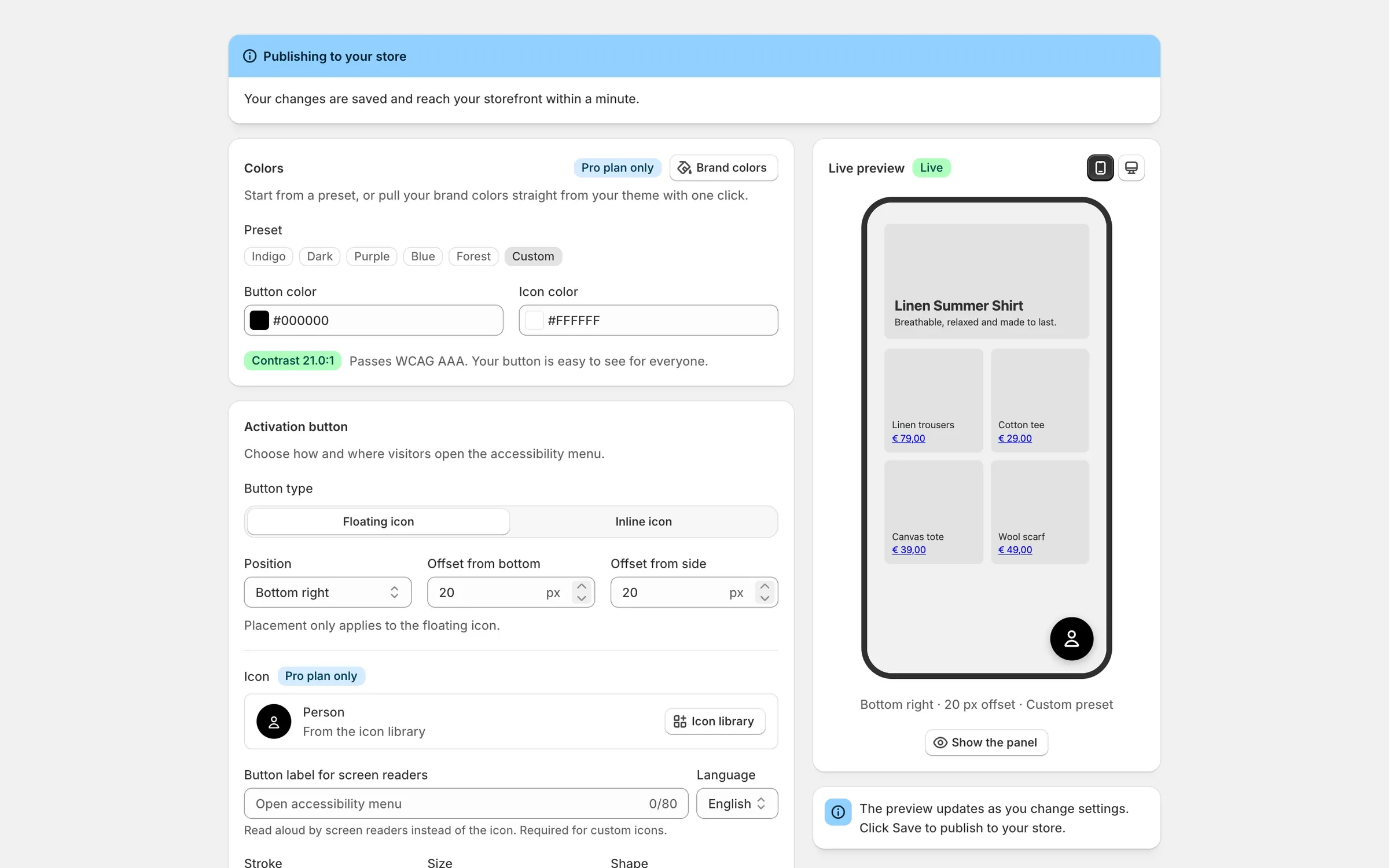 The AccessYes customize screen setting the launcher's colours, shape and position, with a contrast check reporting that the chosen colours pass WCAG AAA.