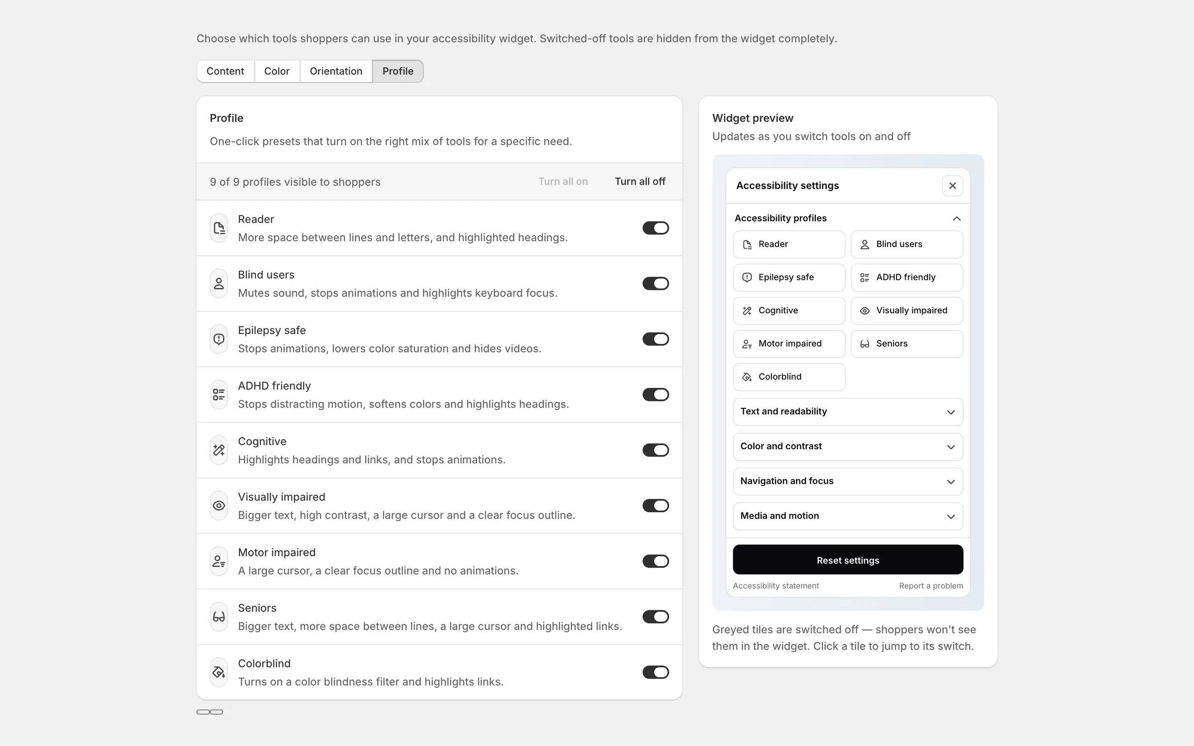 The AccessYes features screen with per-profile toggles and a live widget preview showing which profiles shoppers will see.