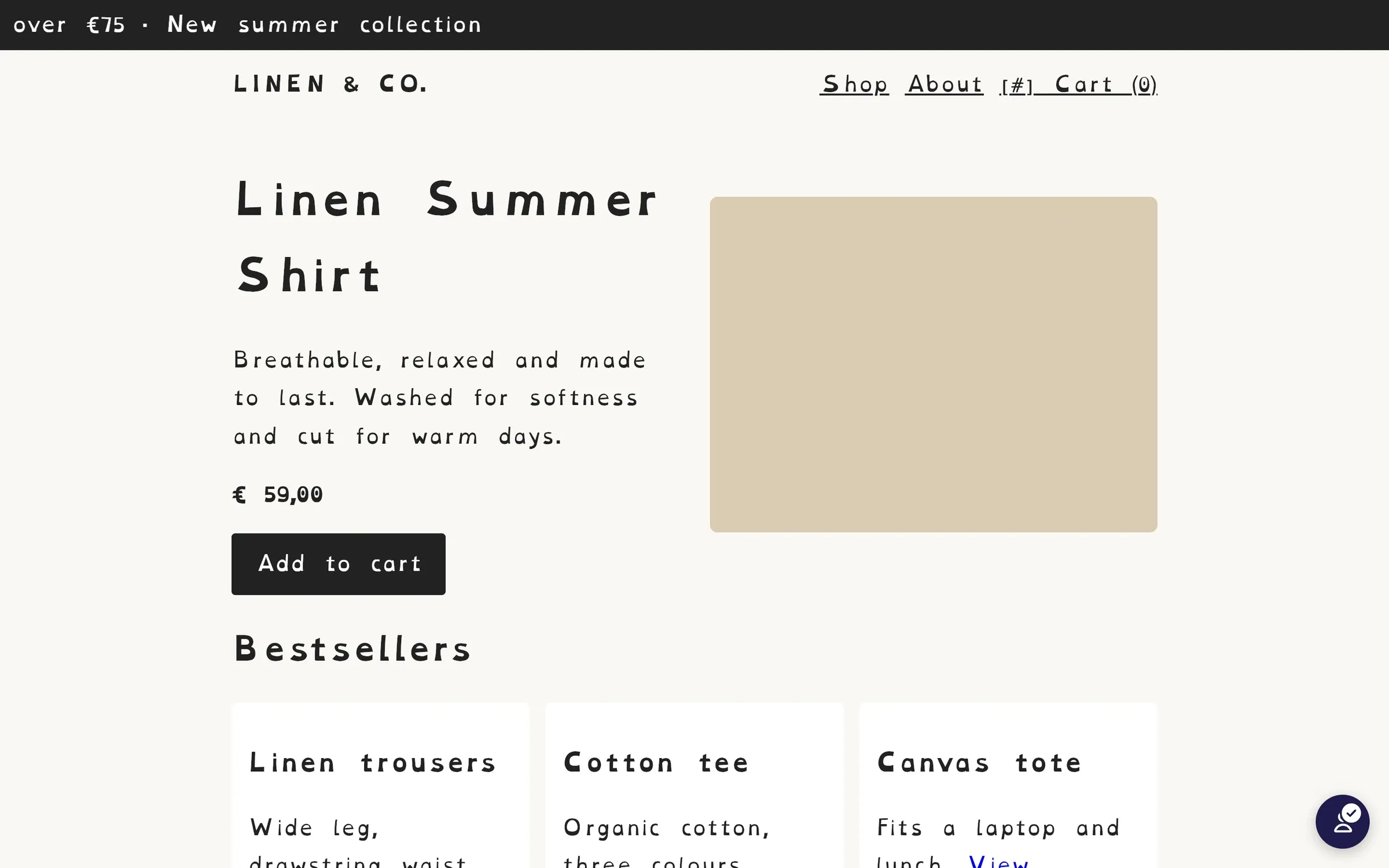 A storefront with AccessYes text adjustments applied: larger type, increased letter spacing and wider line height.