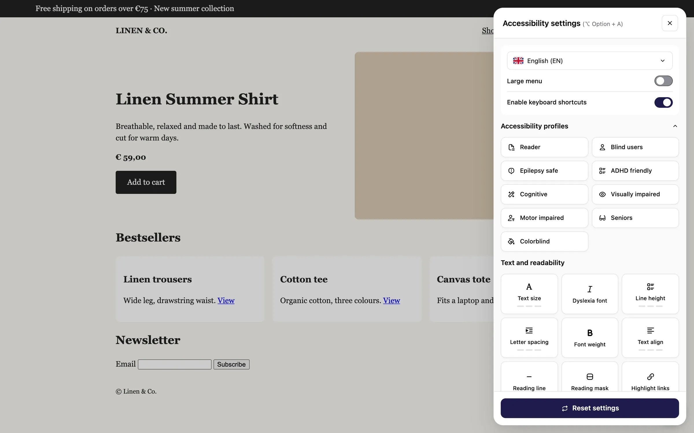 The AccessYes panel open over a storefront, offering accessibility profiles and text and readability controls.