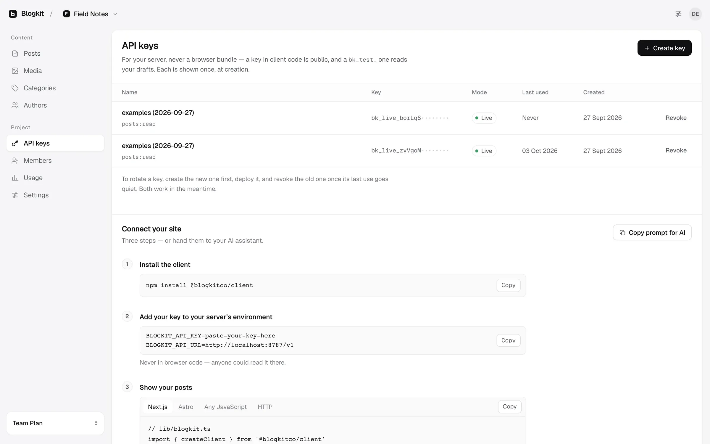 The BlogKit API keys screen with live keys and a connect-your-site guide, including a copy-prompt-for-AI button.