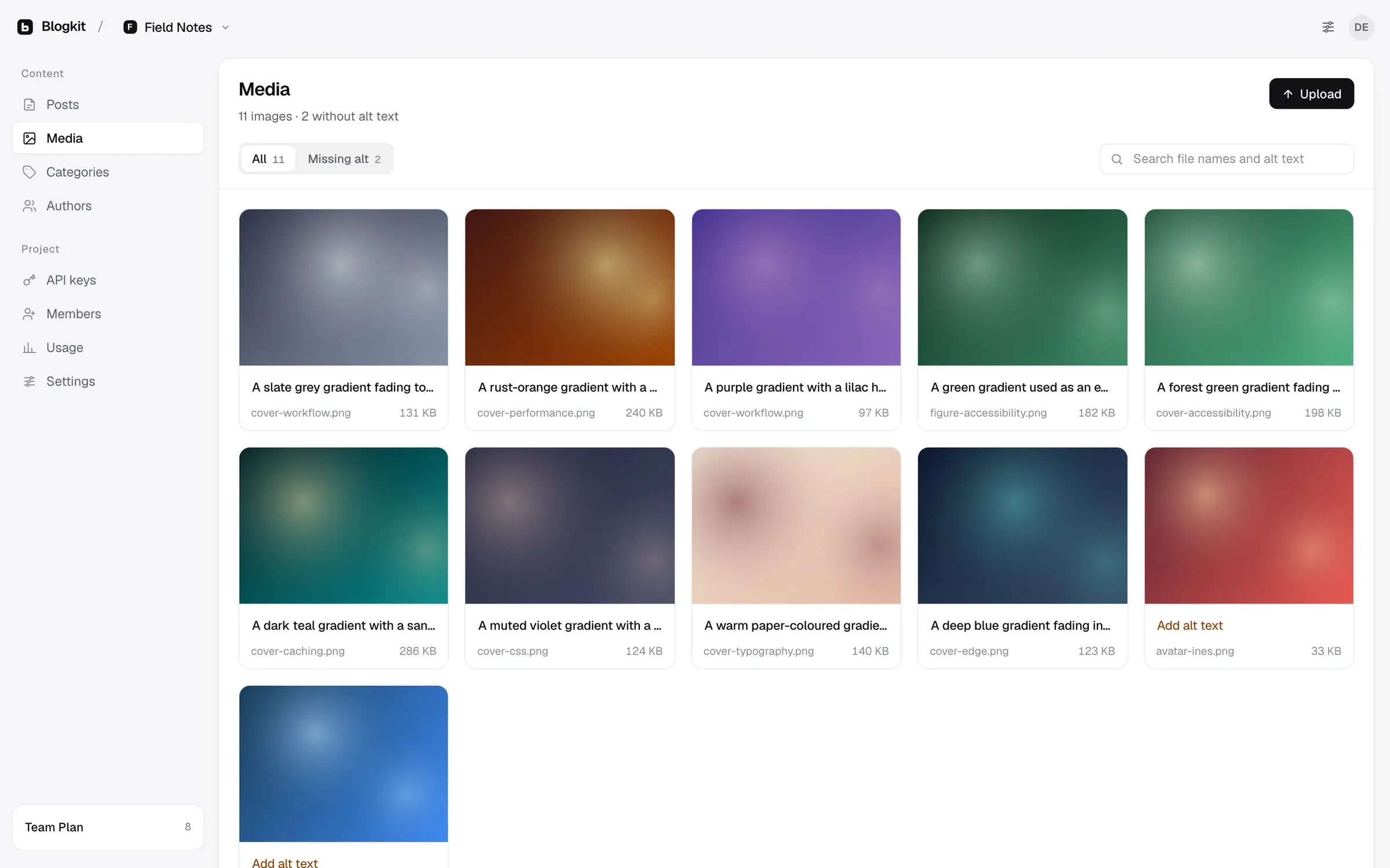 The BlogKit media library showing nine images with a filter for the two that are missing alt text.