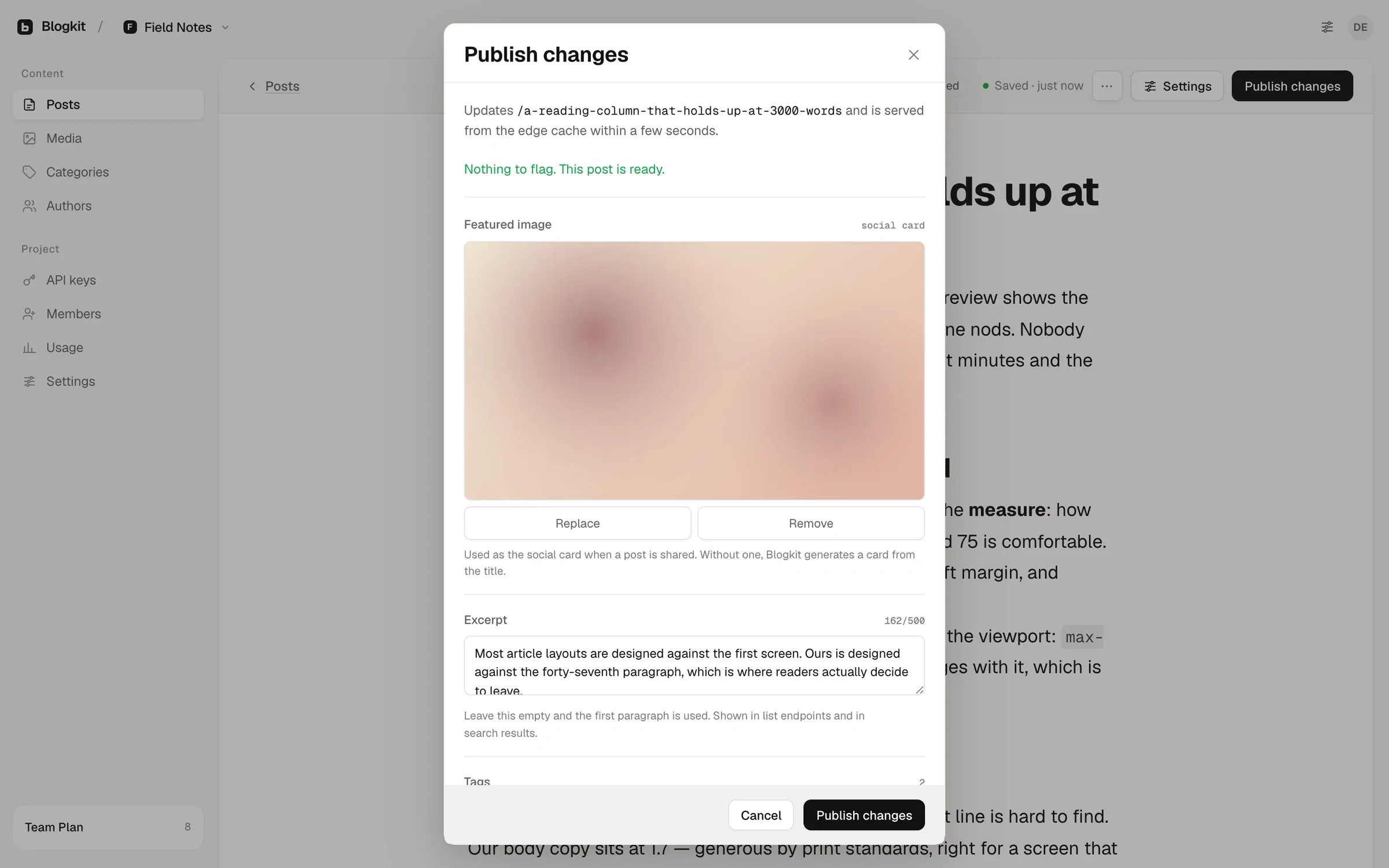The BlogKit publish sheet with the featured image, an excerpt and a note that the public cache clears within seconds.