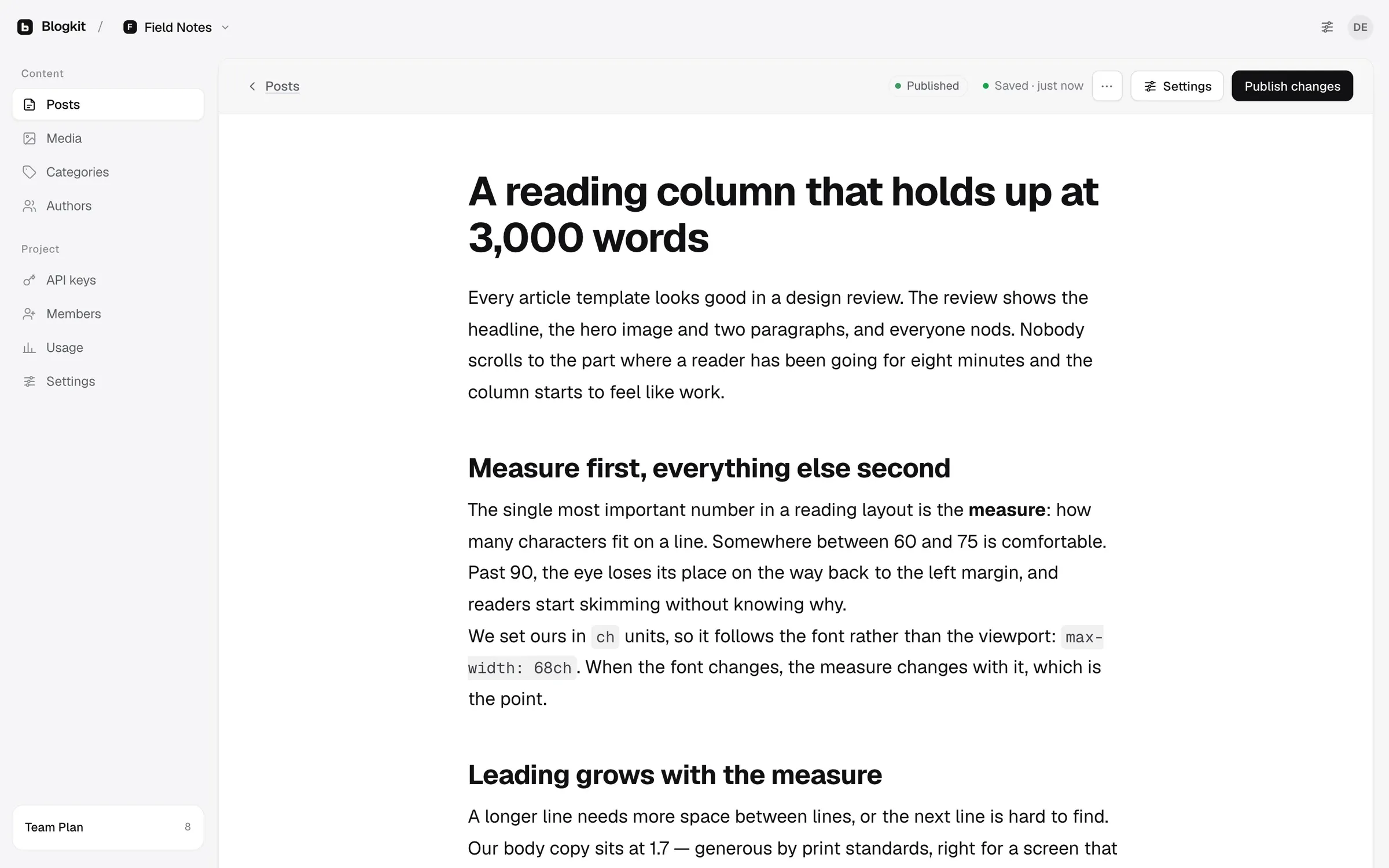 The BlogKit editor with a long post open, a reading column in the centre and the panel navigation on the left.