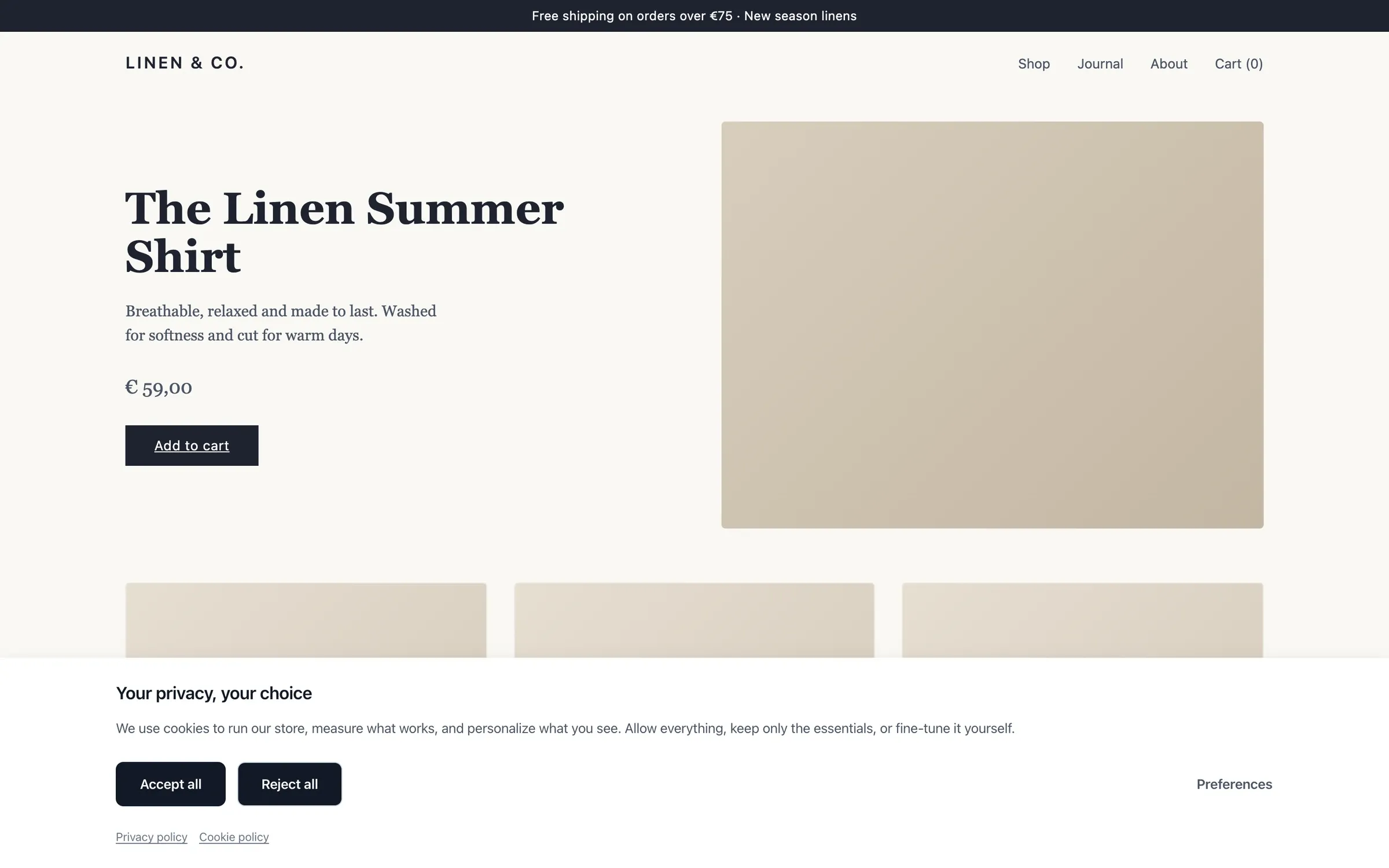The CookieType consent bar on a storefront, offering accept all, reject all and preferences.