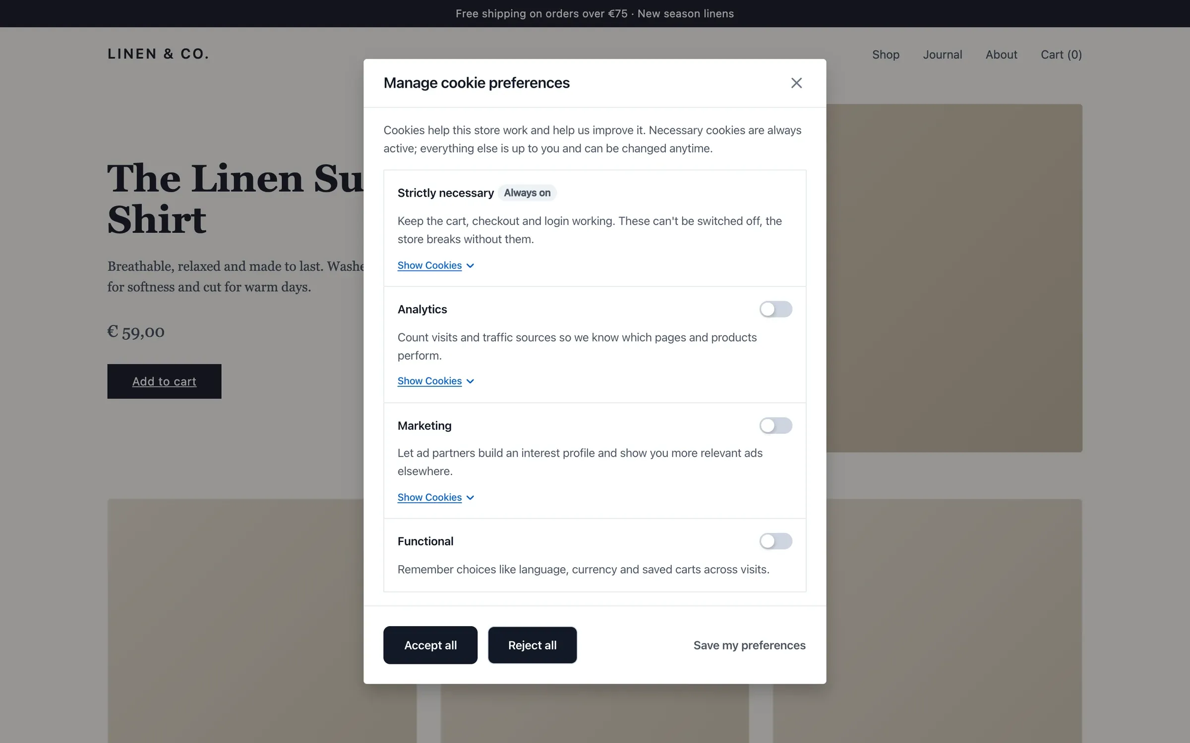 The CookieType preferences modal with strictly necessary, analytics, marketing and functional categories, each expandable to show its cookies.