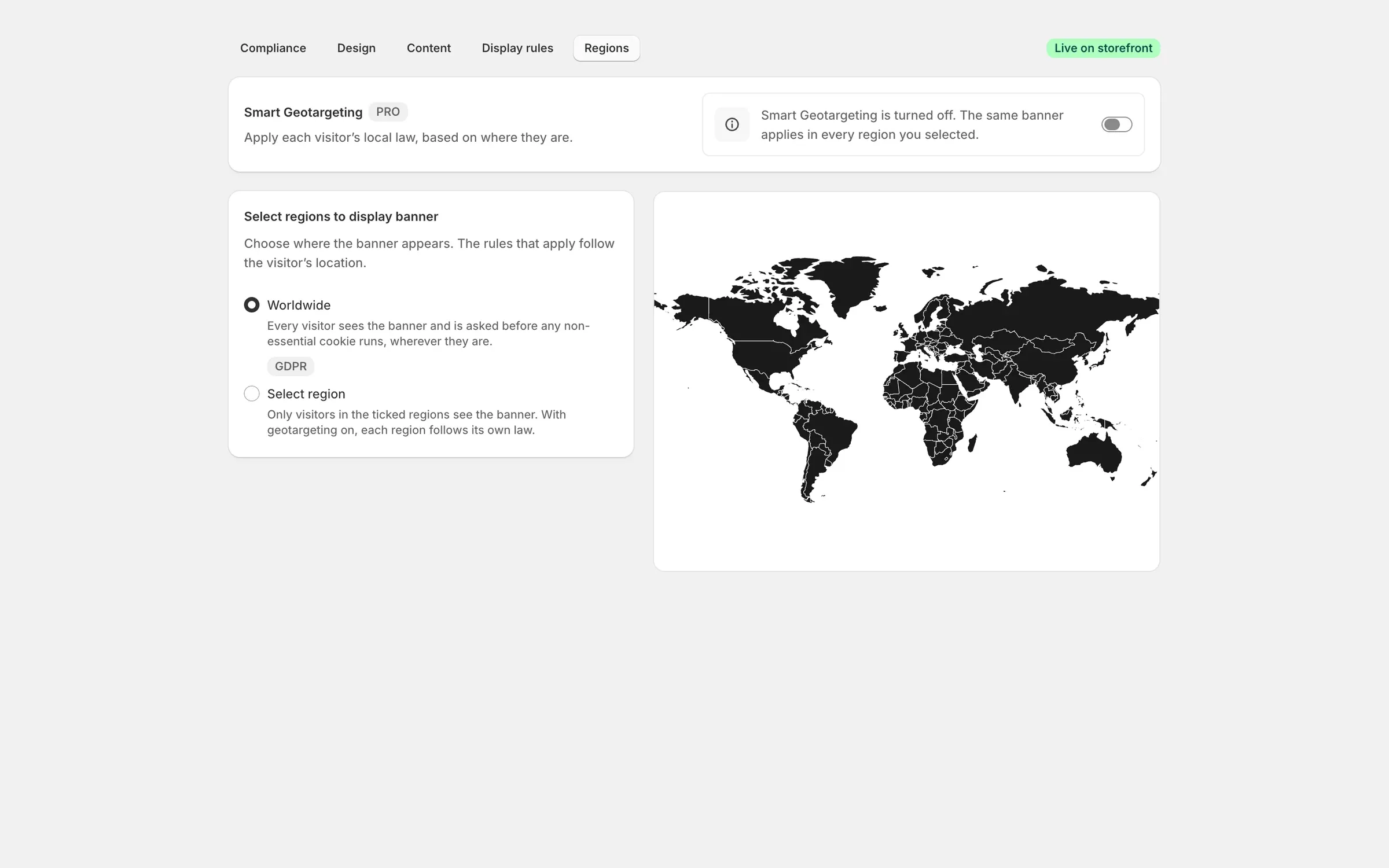 The CookieType region selector with a world map, offering worldwide display or specific regions, and smart geotargeting.
