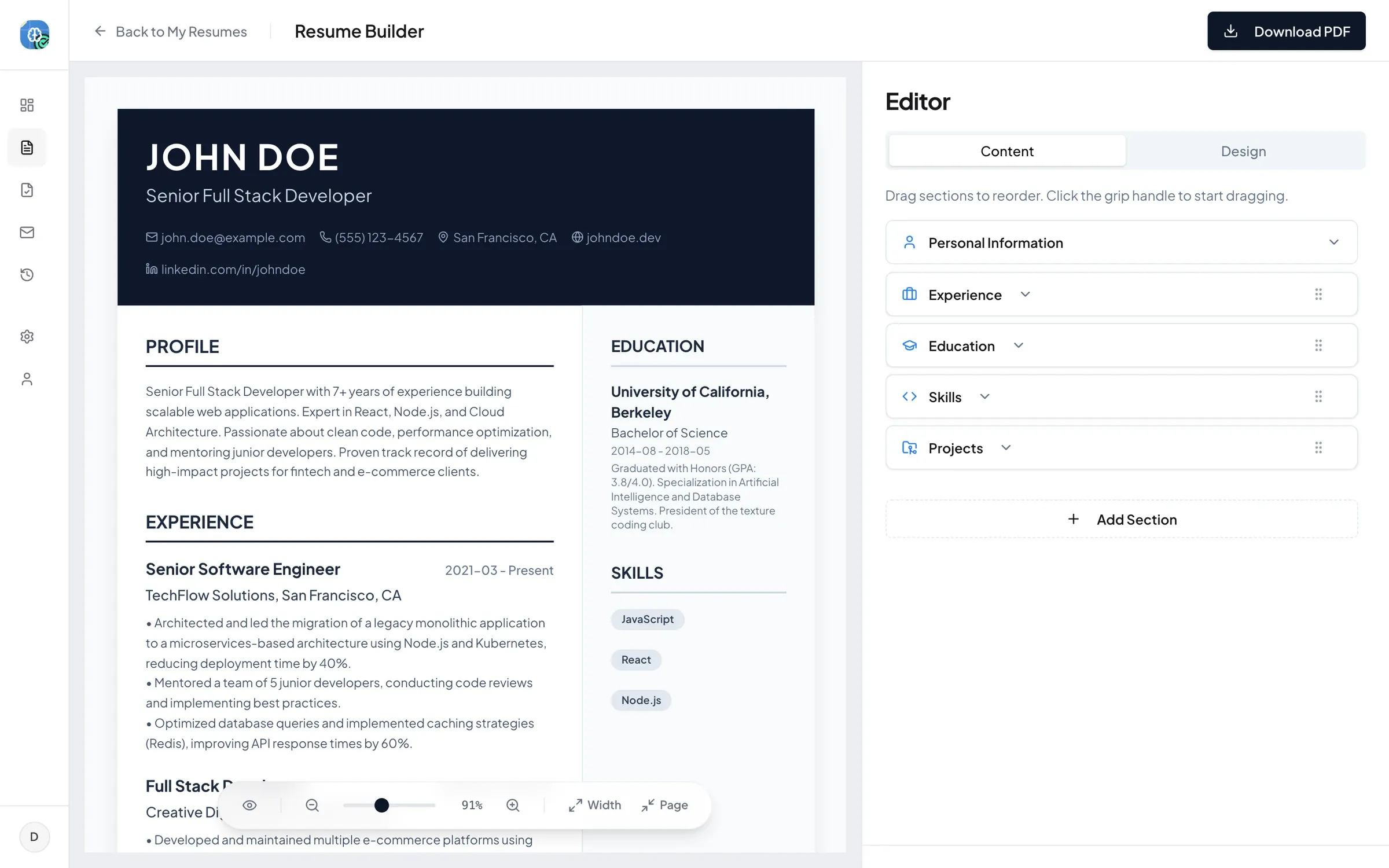 The CVCheckerAI resume builder with a live preview on the left and a section editor on the right.