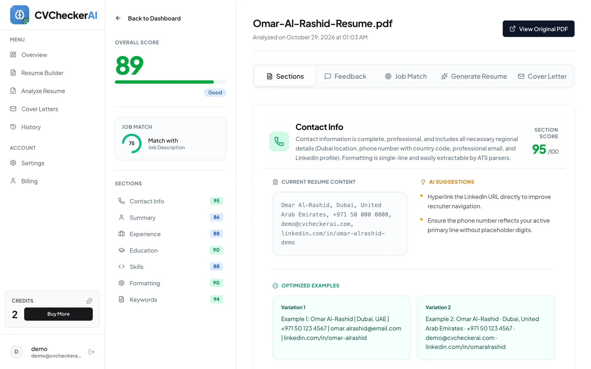 A CVCheckerAI analysis report: an overall score of 89 with per-section scores for contact info, summary, experience, education, skills, formatting and keywords.