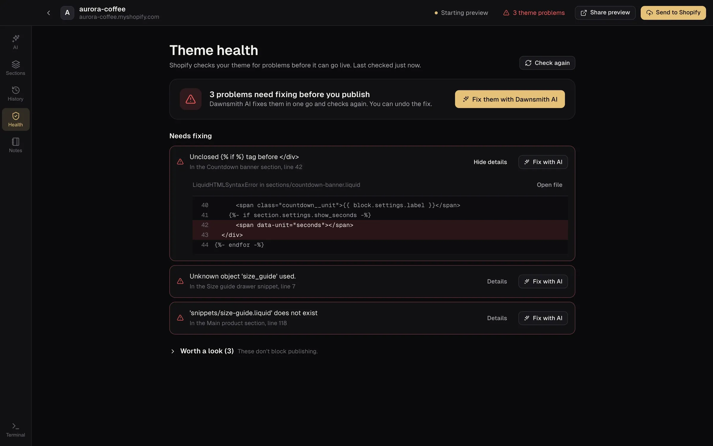The Dawnsmith theme health screen listing theme problems with details and a Fix with Dawnsmith AI button on each.