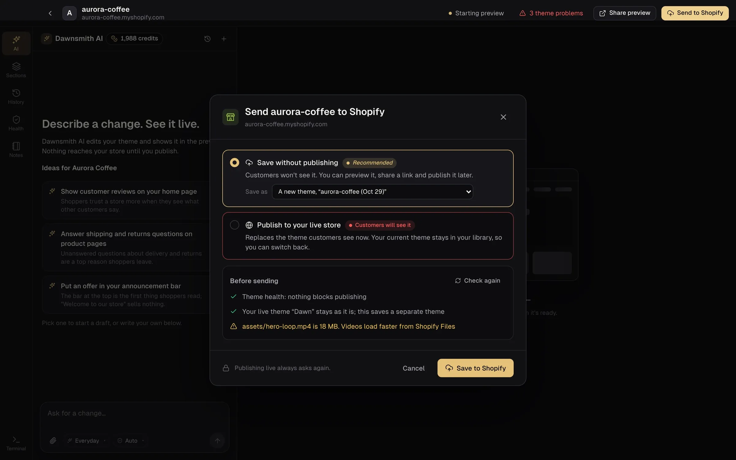 The Dawnsmith publish dialog offering to save without publishing or publish to the live store, with a pre-publish checklist.