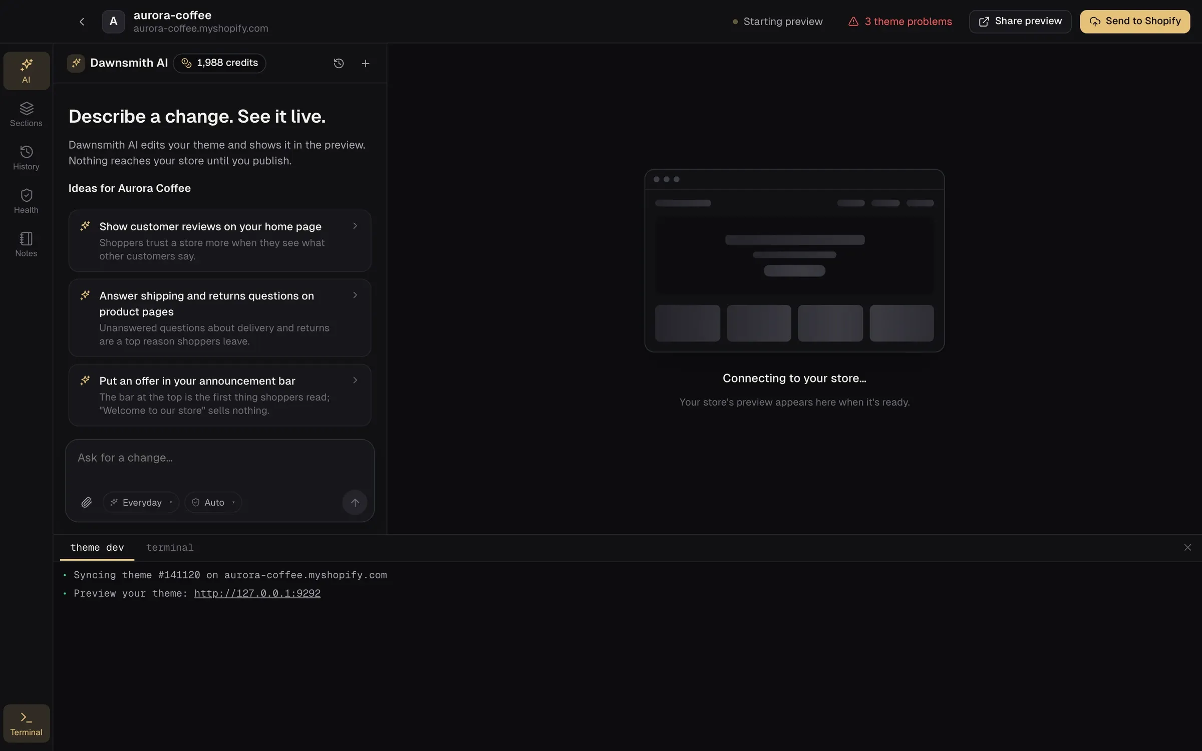 The Dawnsmith embedded terminal showing Shopify CLI output while syncing a theme.