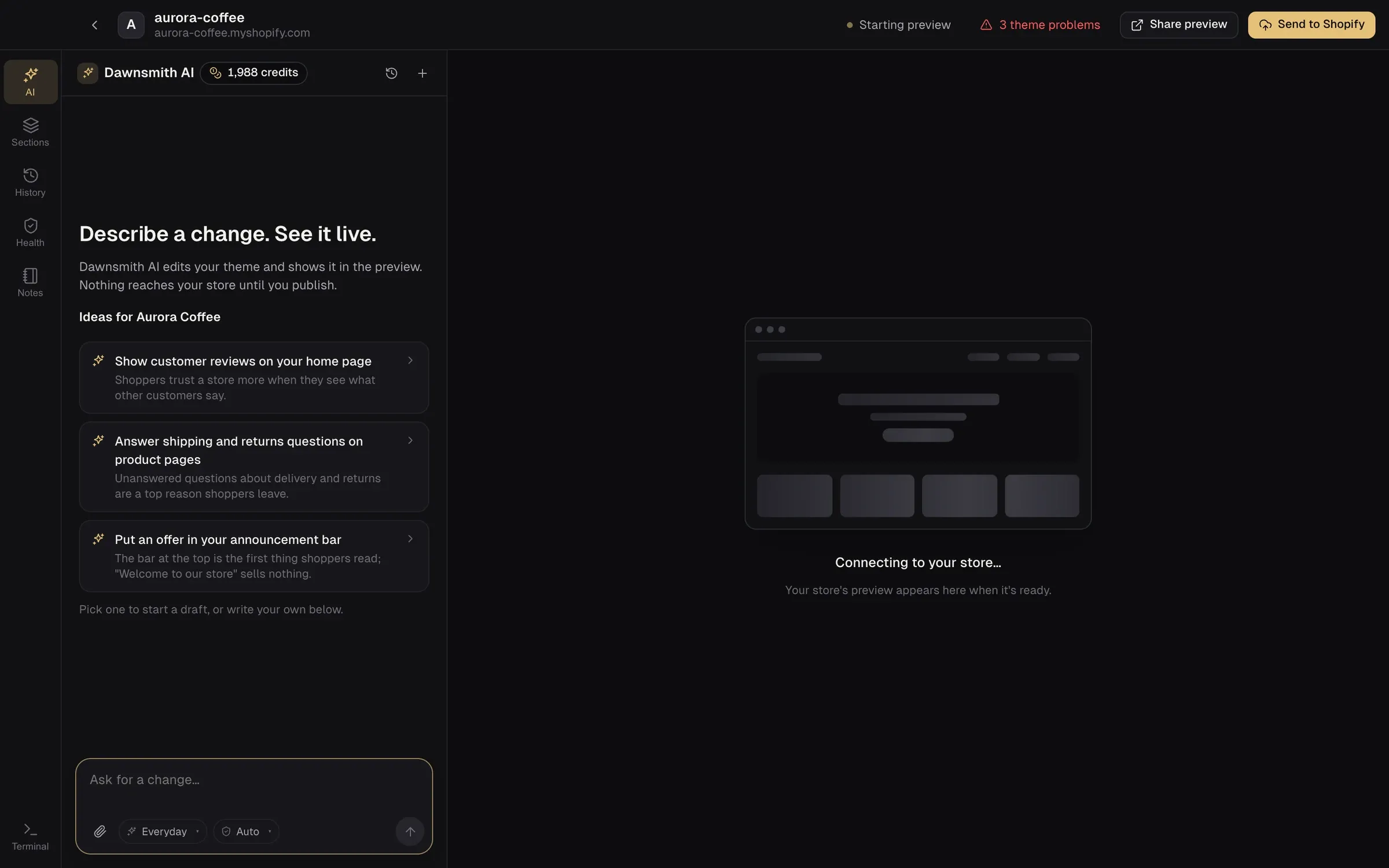 The Dawnsmith workspace: a conversation with Dawnsmith AI on the left, a live theme preview on the right, and a "Send to Shopify" button in the top bar.