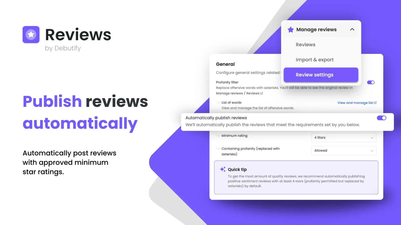 Debutify Reviews settings for publishing reviews automatically above a minimum star rating.