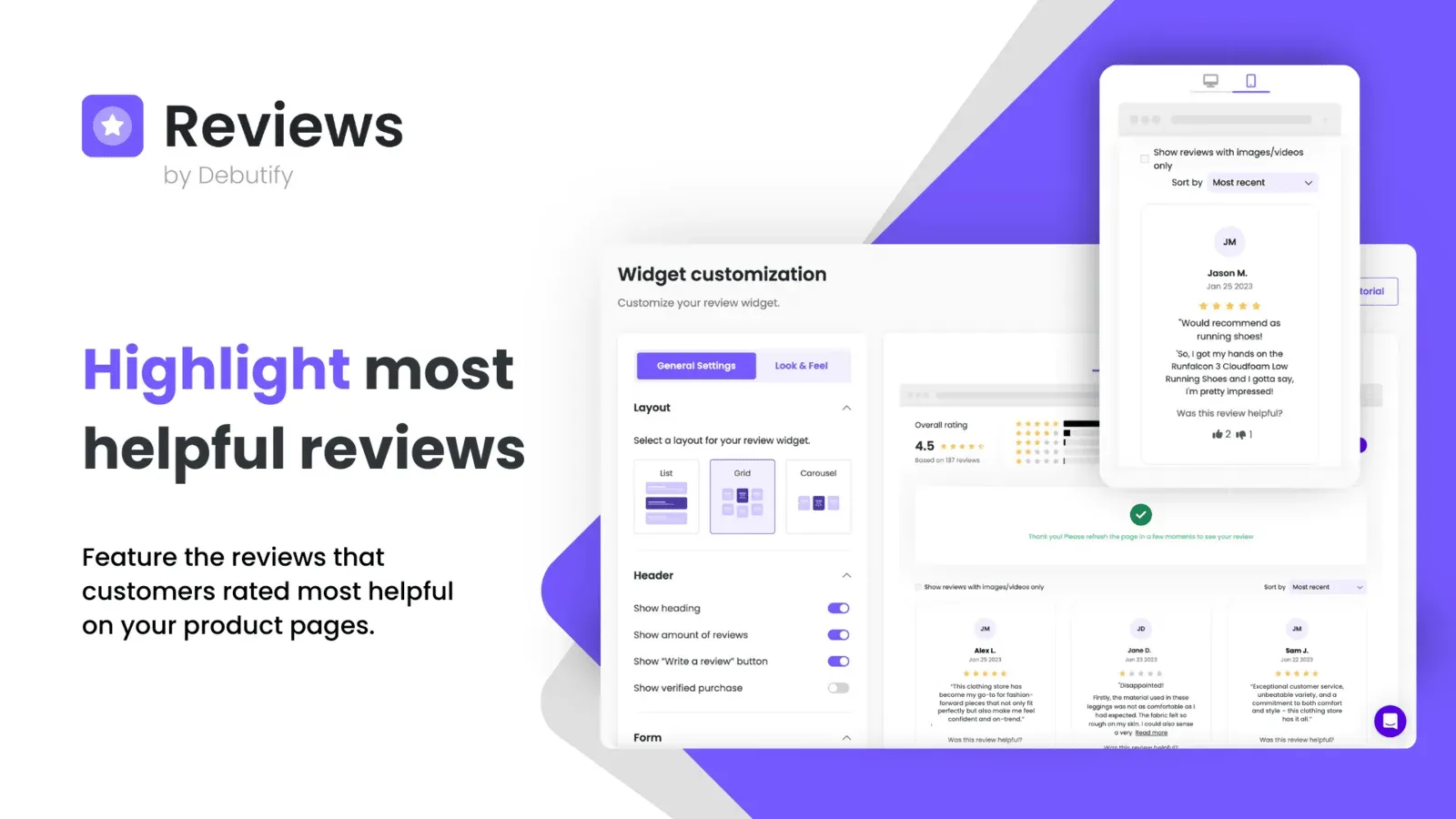 The Debutify Reviews widget customization screen beside a storefront review list.