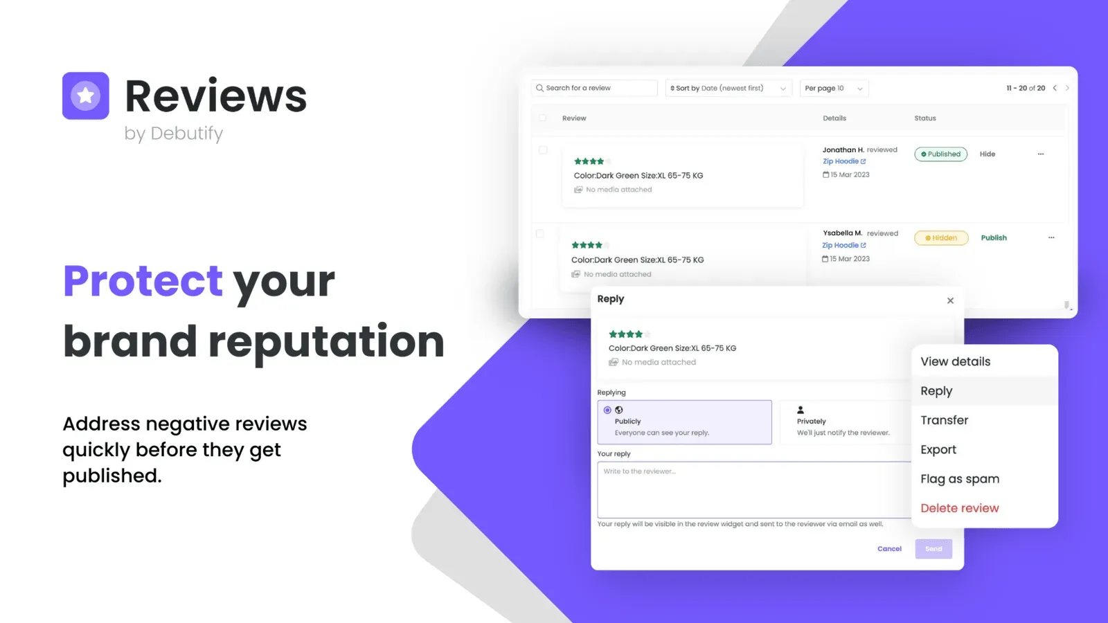 Debutify Reviews moderation tools for handling a negative review before it publishes.