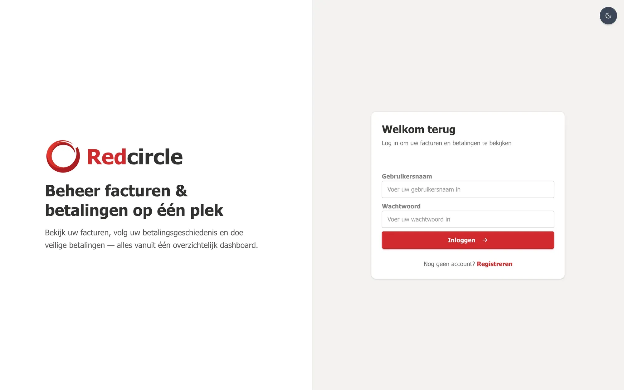 The Invoice Hub sign-in screen in Dutch, "Beheer facturen en betalingen op één plek", with the RedCircle logo.
