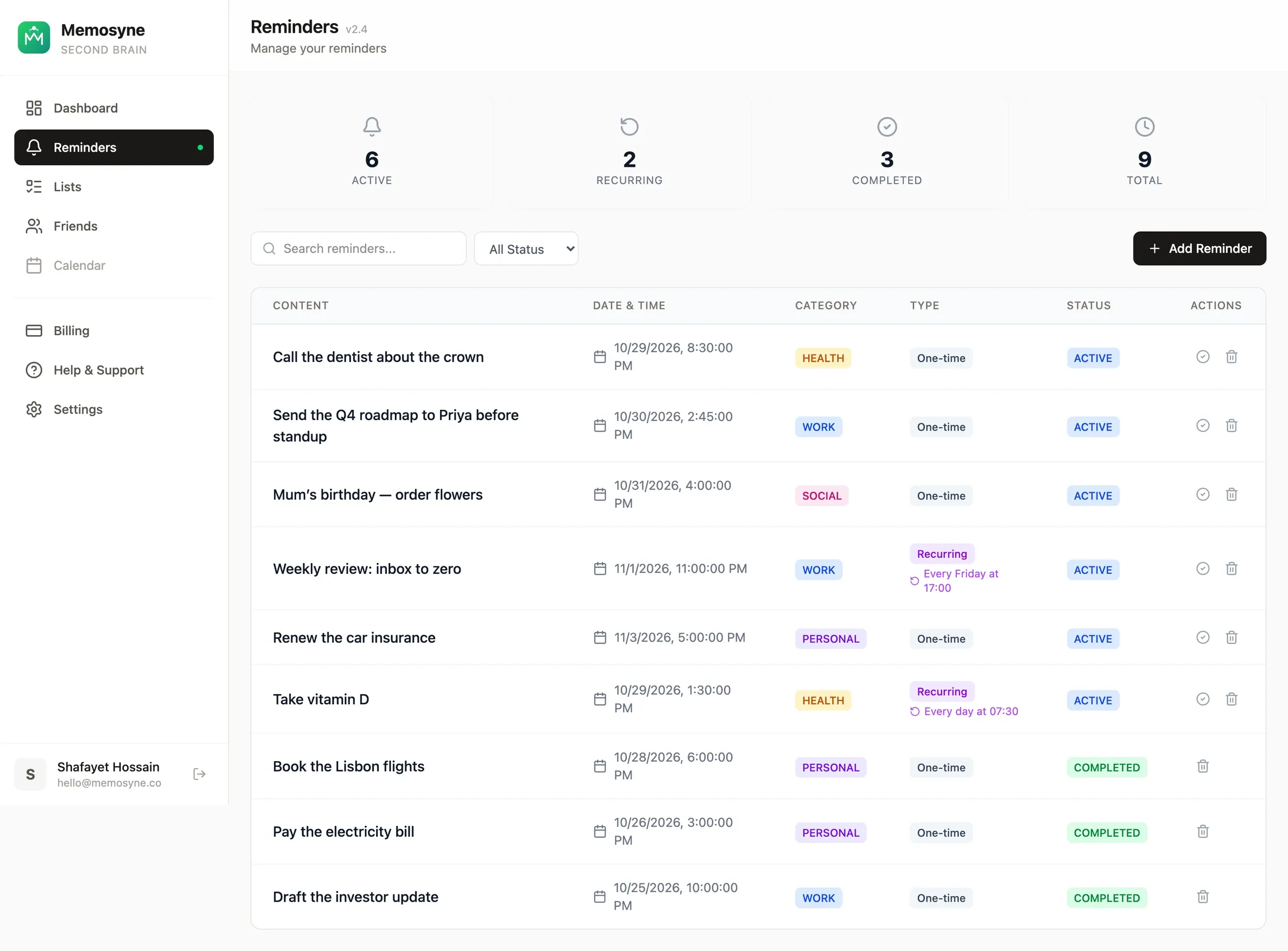 The Memosyne reminders list showing reminders with categories, one-time and recurring types, and due dates.