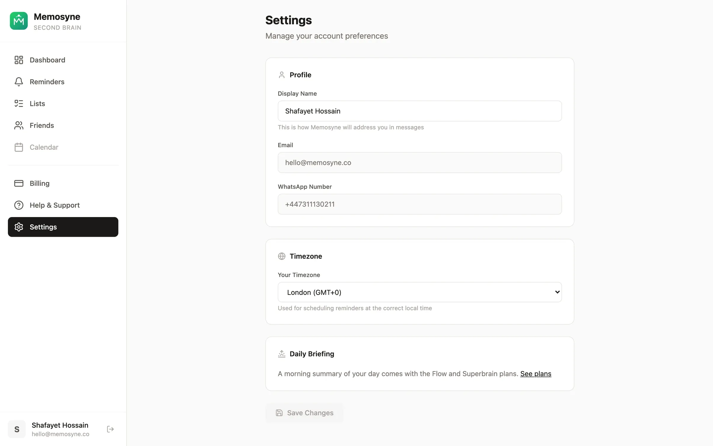 Memosyne settings with the connected WhatsApp number, timezone and a daily briefing toggle.