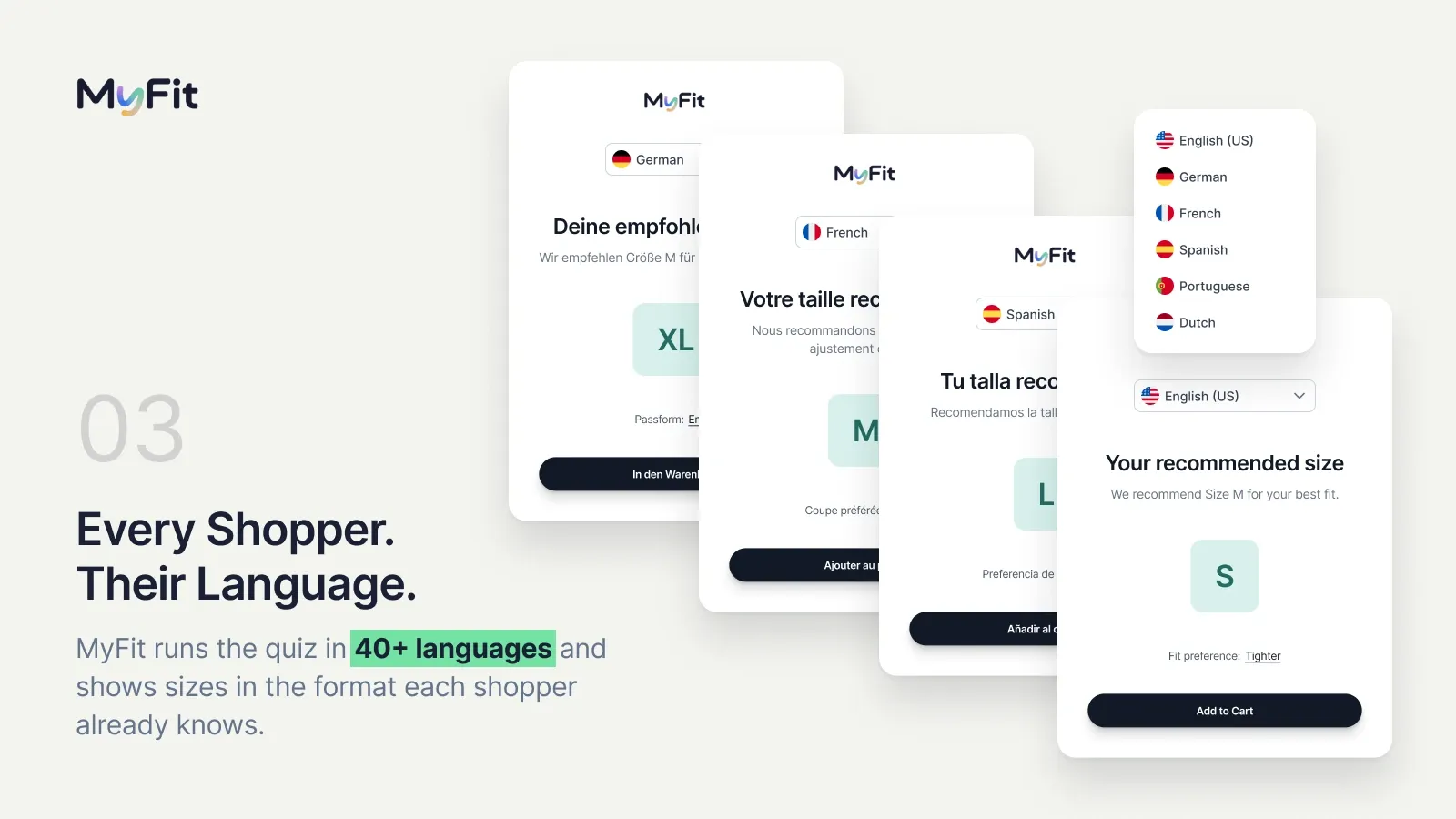 The MyFitSize quiz rendered in German, French and Spanish, and a recommended size result.