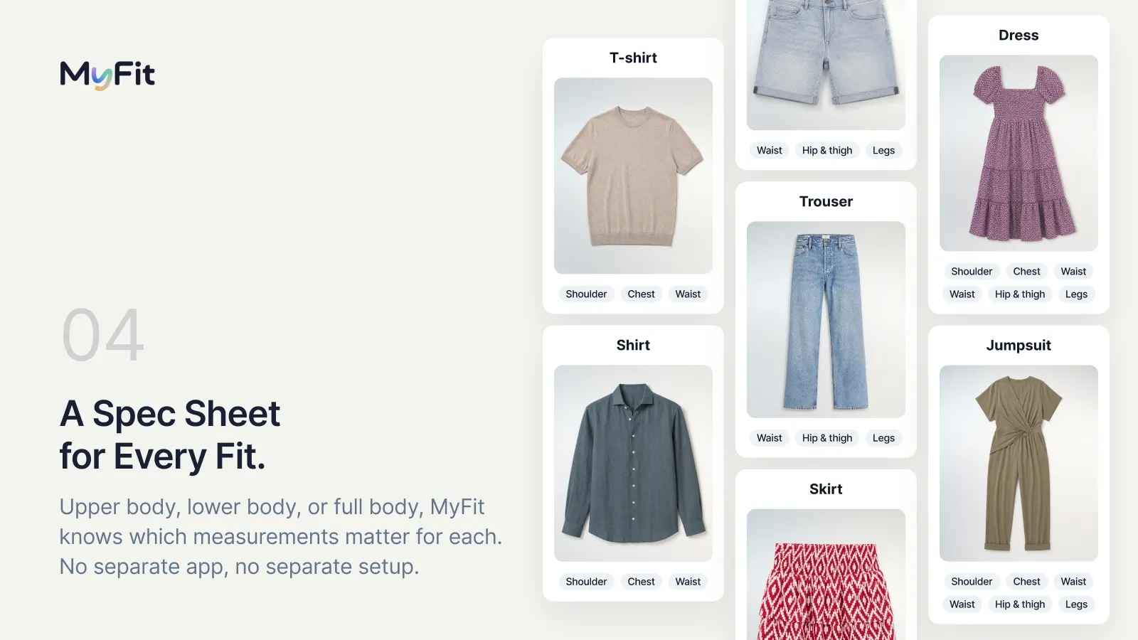 MyFitSize spec sheets for a t-shirt, shirt, trouser, dress, jumpsuit and skirt, each listing the measurements that decide its fit.