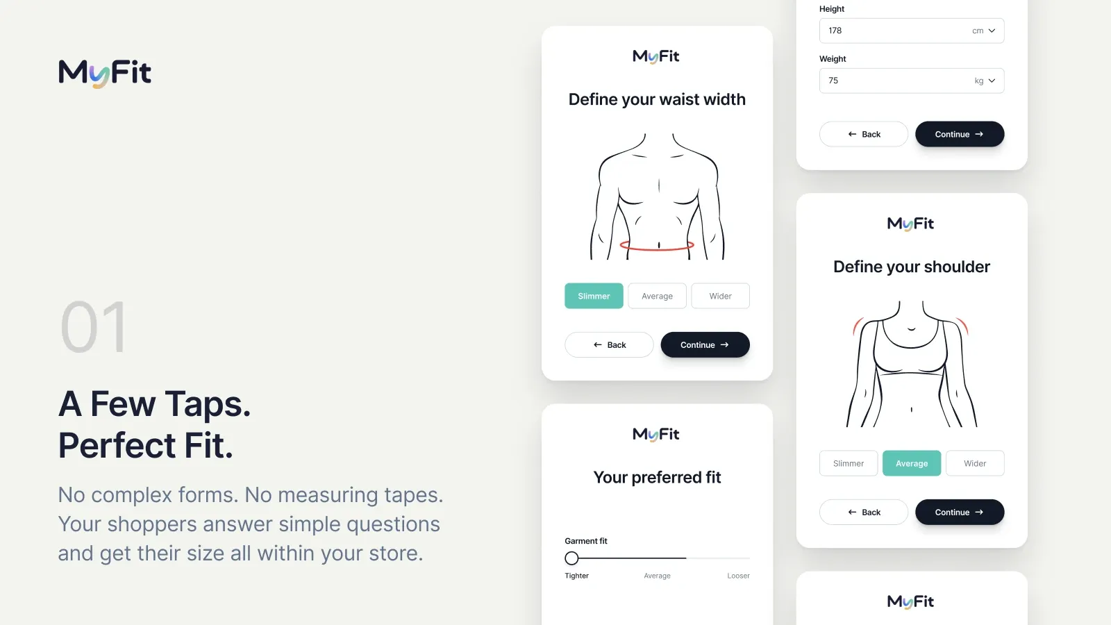 The MyFitSize quiz steps: define your waist, define your shoulder, and a preferred-fit slider, each with a body diagram.