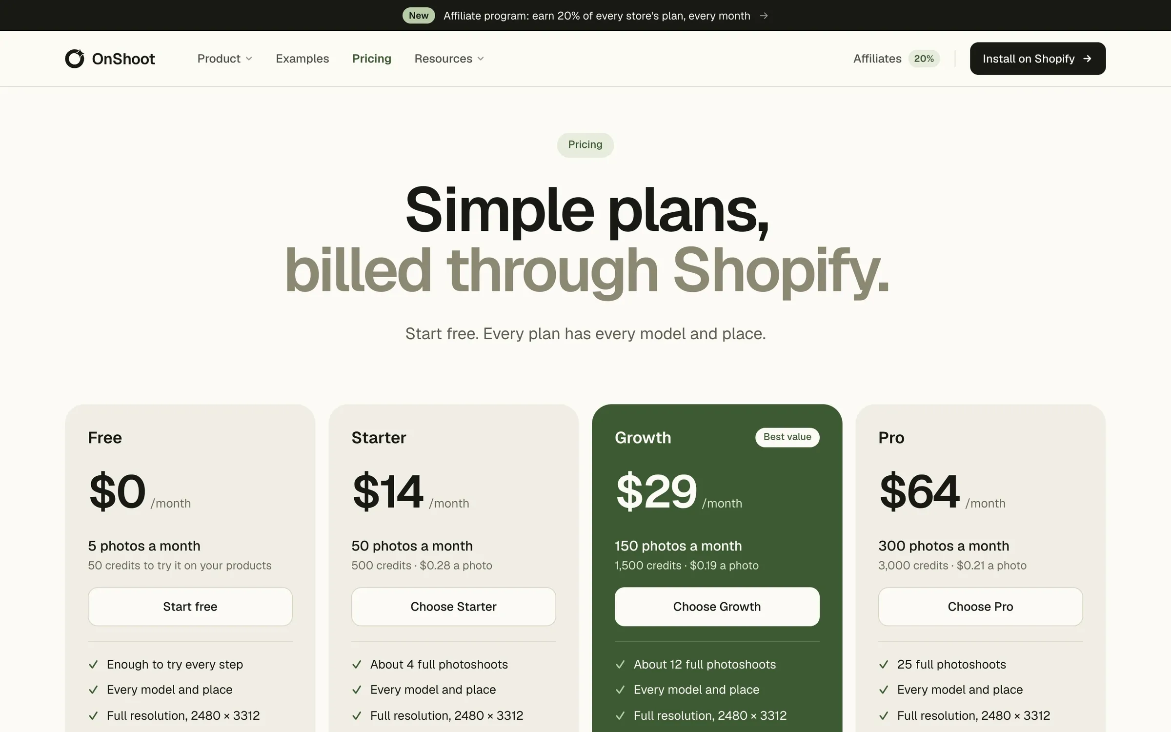 The OnShoot pricing page showing credit-based monthly plans.