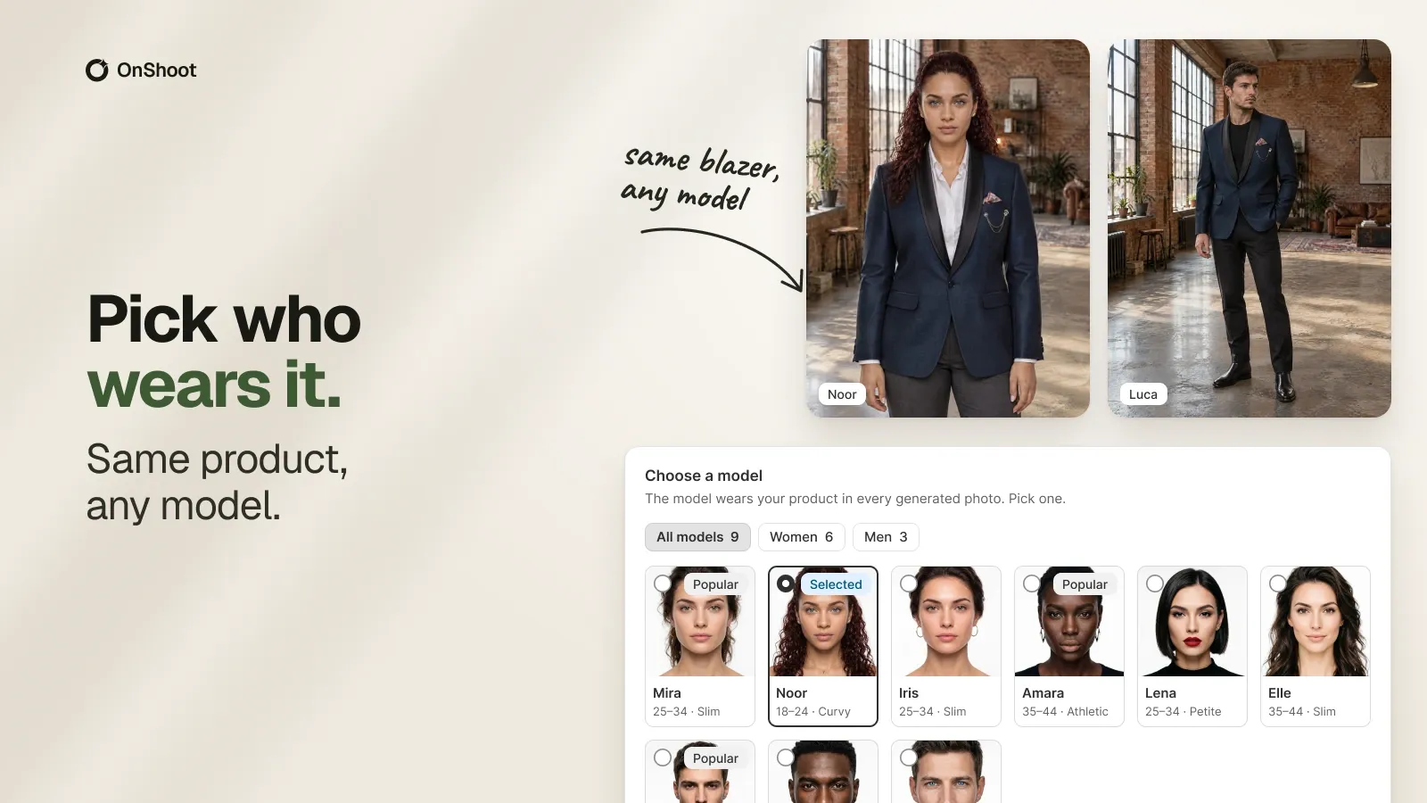 The OnShoot model picker, showing a grid of model cards filtered by all, women and men.