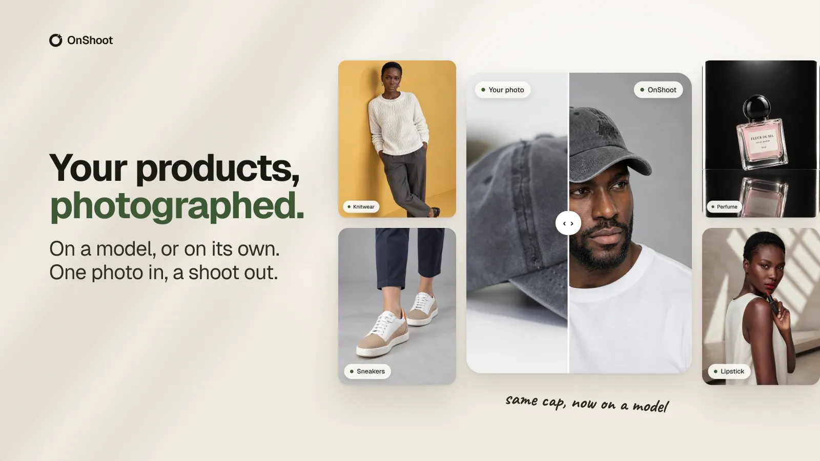 OnShoot before-and-after pairs: a flat product photo beside the same product worn by a model.