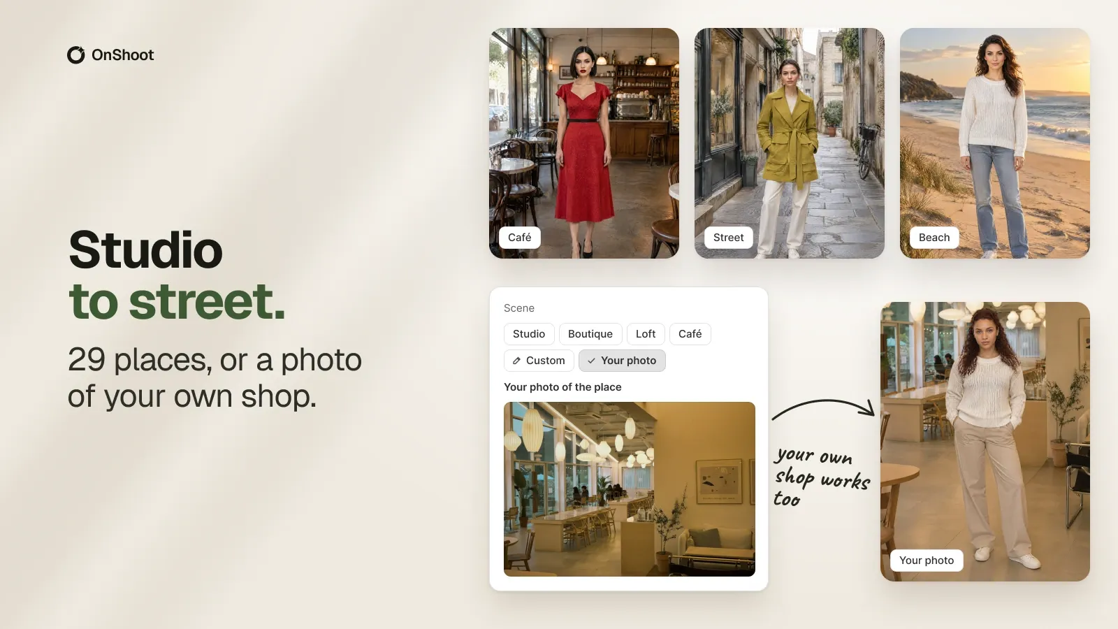 The OnShoot scene picker with studio, boutique, loft and cafe tabs, and an option to upload a photo of your own shop.