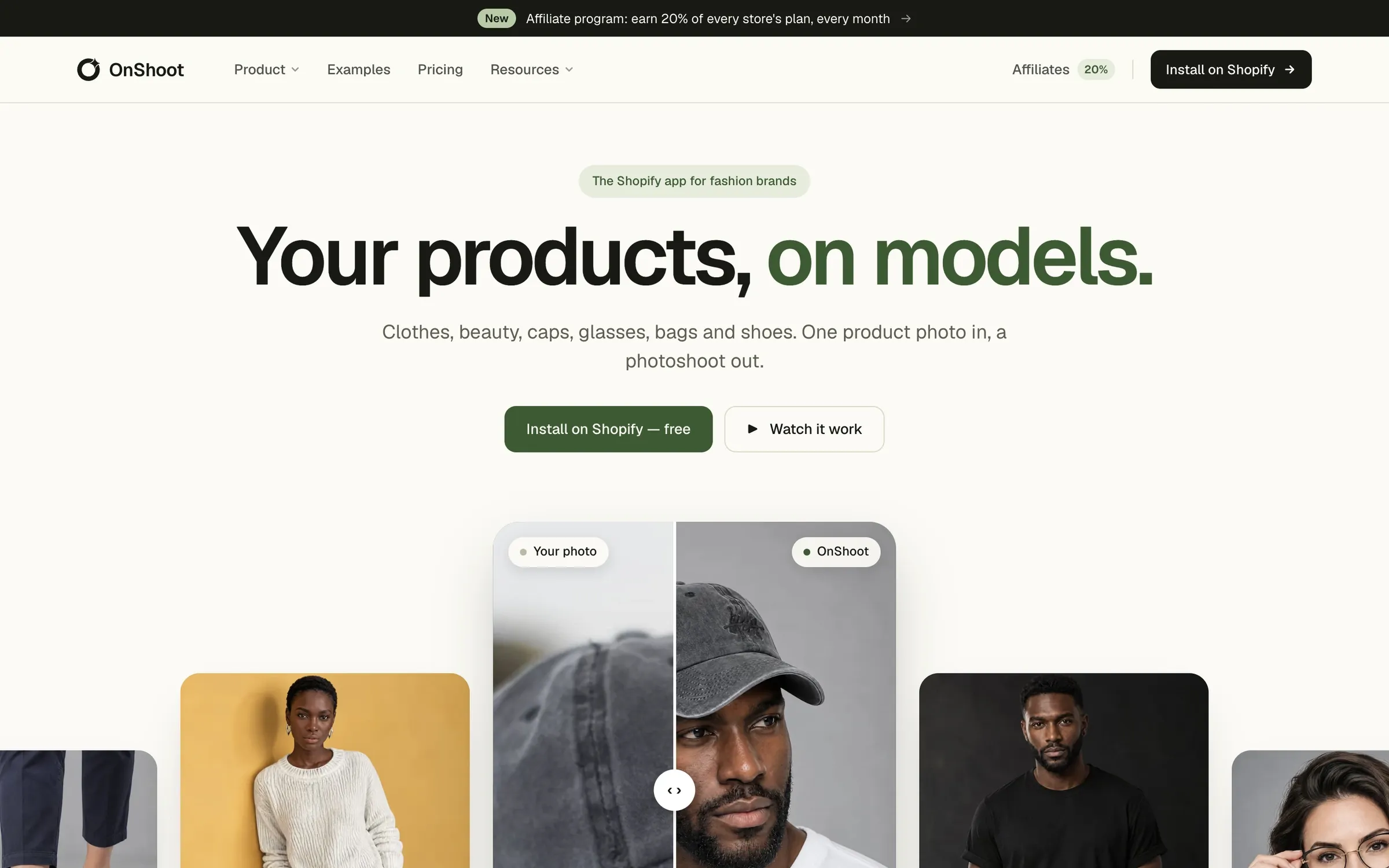 The OnShoot marketing site, headline "Your products, on models", above a row of generated model photographs.