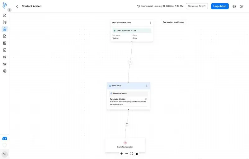 The PredictaMail automation builder: a trigger node, a send-email node and an end node joined on a canvas.