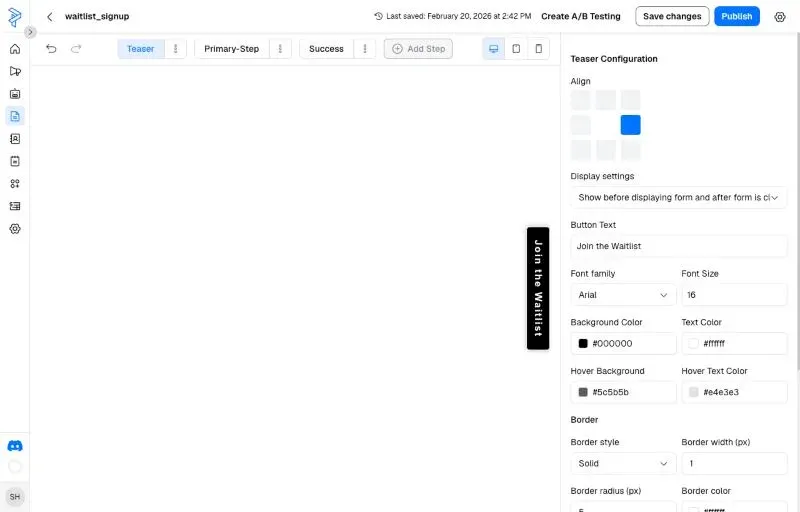 The PredictaMail sign-up form builder, showing the teaser step and a configuration panel.