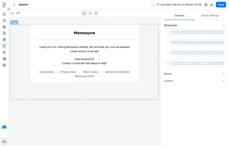 The PredictaMail email editor with a rendered email on the canvas and a structures and blocks panel.