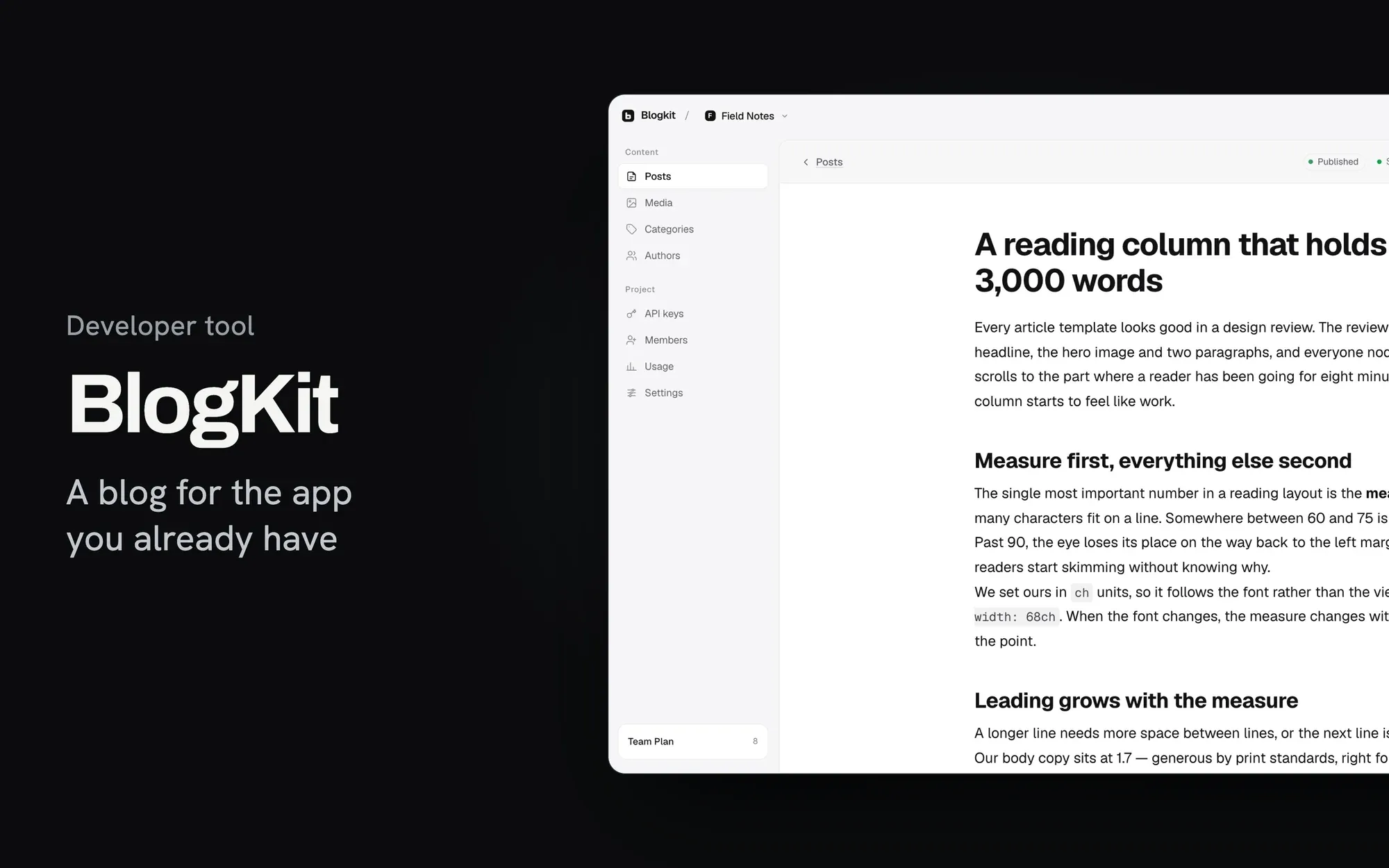 BlogKit — A headless CMS for dropping a real blog into a Next.js project without building one.