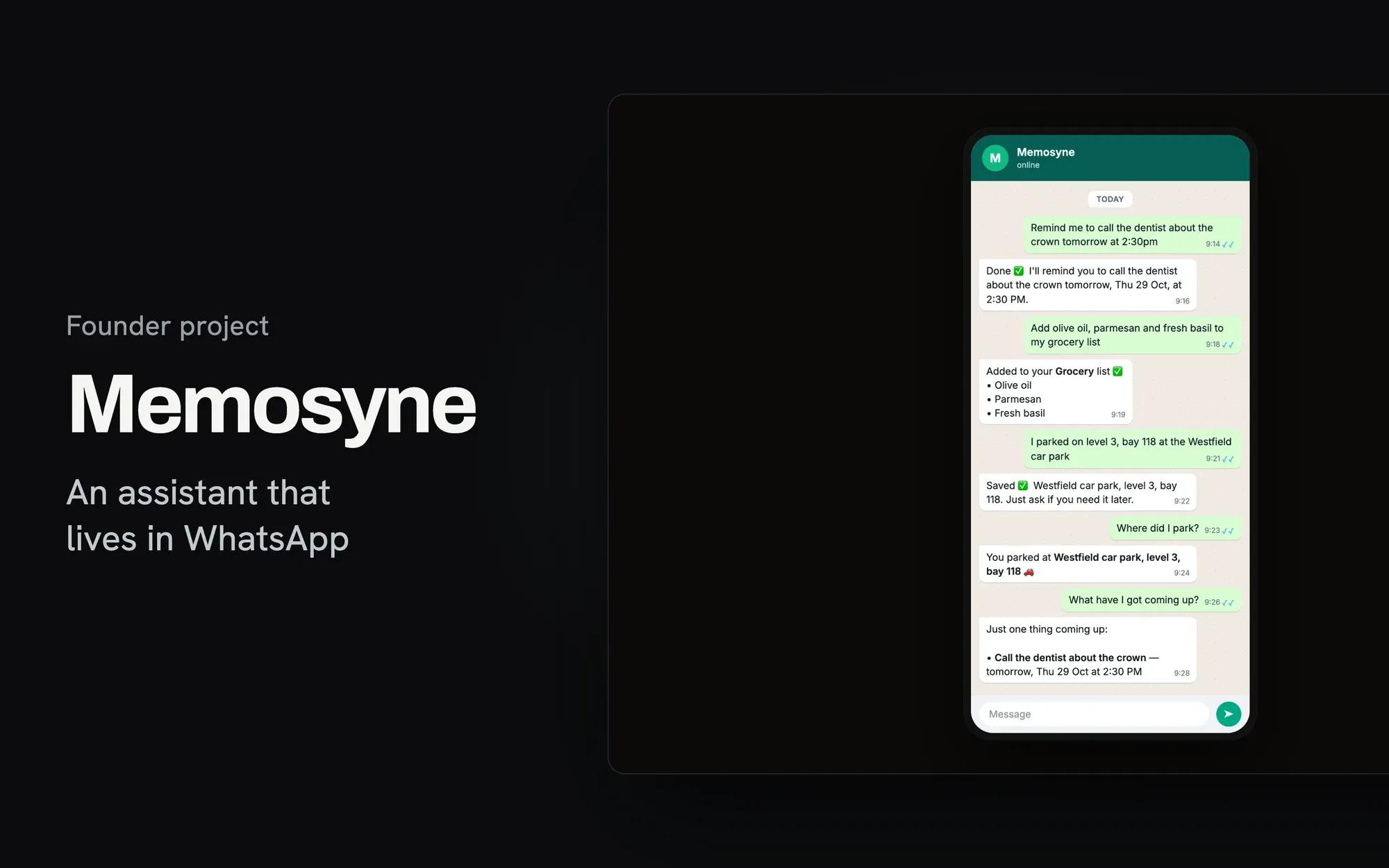 Memosyne — An AI assistant that lives in WhatsApp and keeps track of what you said you would do.